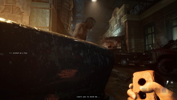 The Outlast Trials screenshot of the player sneaking from a big grunt