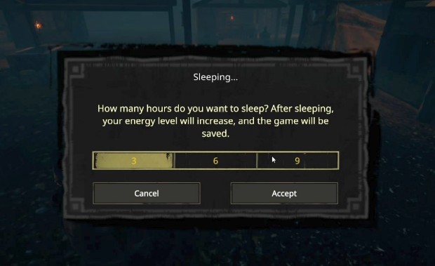 Nested Lands screenshot of the player going to sleep