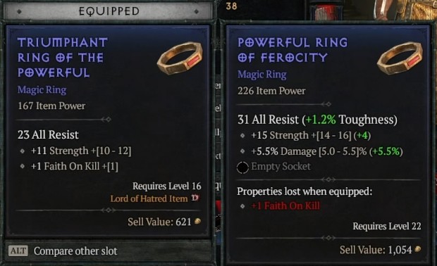 Diablo 4 guide screenshot showing off the item comparisons