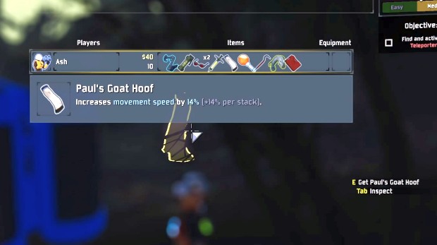Risk of Rain 2 screenshot of the player inspecting the goat hoof item