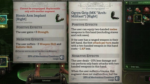 Rogue Trader: The Infinite Moseion review screenshot of the new augment system in action