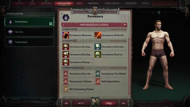 Dark Heresy screenshot of the psyker character customization and level up screen