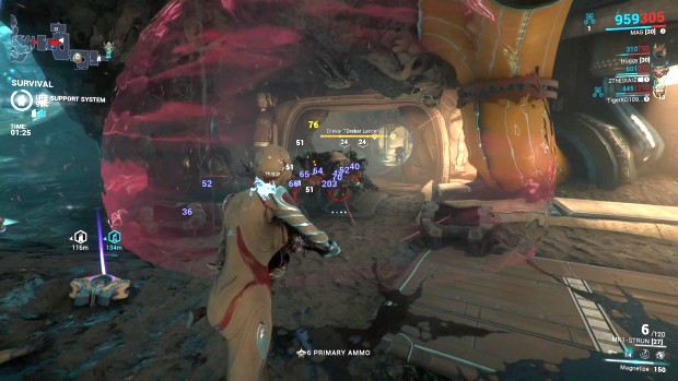 Warframe Mag using her magnetic bubble to vacuum up enemies