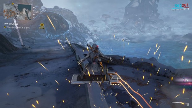 Warframe screenshot of the player using the K-board to grind rails