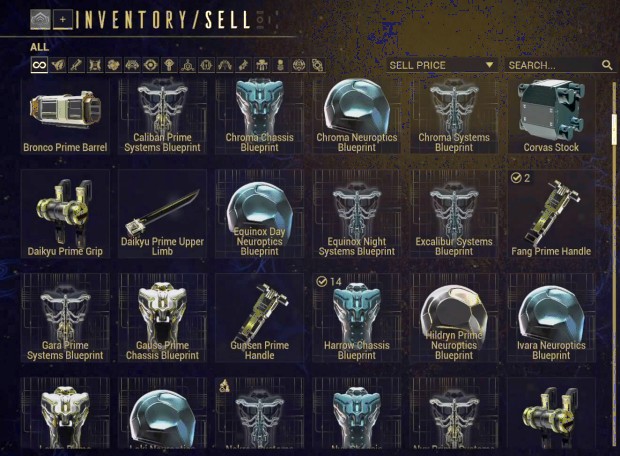 Warframe screenshot of a very busy inventory