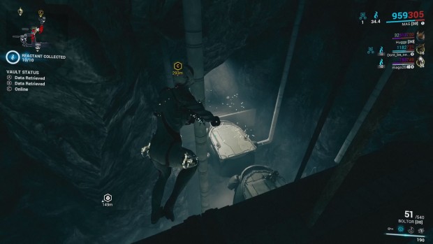 Warframe screenshot of the player jumping off a high place with their ninja skilla