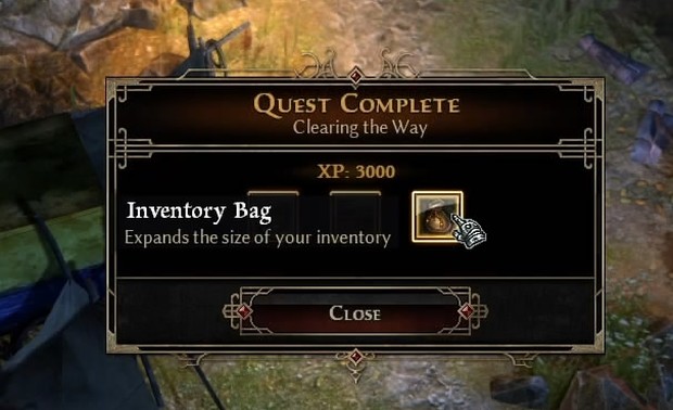 Grim Dawn beginners guide screenshot of a quest reward that gives increased inventory space