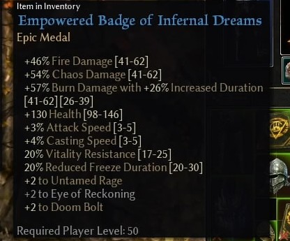 Grim Dawn screenshot of a really good item