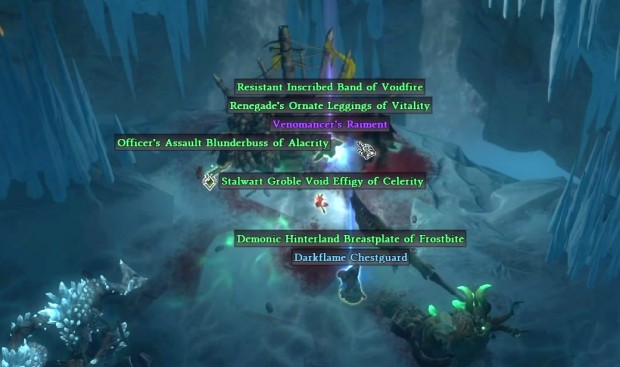 Grim Dawn screenshot of a massive loot explosion after a boss