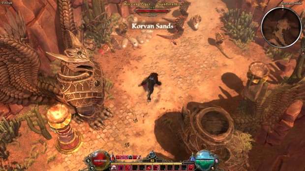 Grim Dawn retrospective screenshot of a beautiful griffin statue in the desert