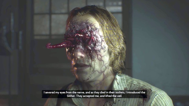 The Sinking City 2 review screenshot of a character that replaced his eyes with slither worms