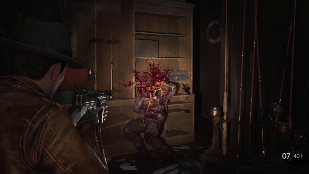 The Sinking City 2 review screenshot of the player firing upon a zombie