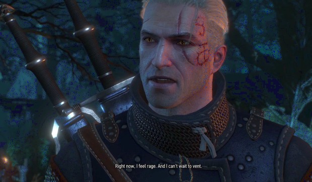 The Witcher 3 screenshot of Geralt being very, very angry in dialogue
