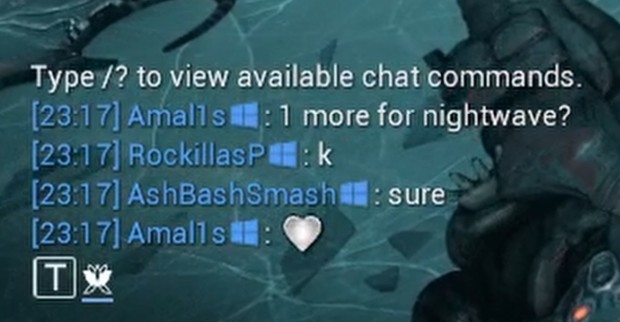 Warframe retrospective screenshot of a friendly community