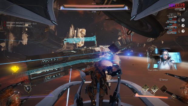Warframe retrospective screenshot of a railjack fight