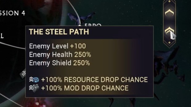 Warframe retrospective screenshot of the steel path modifiers